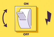 A whilte on/off switch on a yellow background, the witch is set to the on position.
