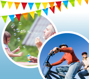 Colorful bunting decorates the top; below are two circular images: one of a man and child blowing bubbles, the other of two people riding bicycles under a clear blue sky.