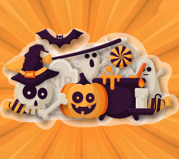 Pumpkins, ghosts, candy, witch broom, bats, cobwebs, skulls, bones, headstones and witch hats in a paper art style.