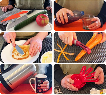 Video thumbnails showing various activities in the kitchen such as pouring hot and cold liquids, peeling and cutting vegetables, spreading condiments and using measuring cups