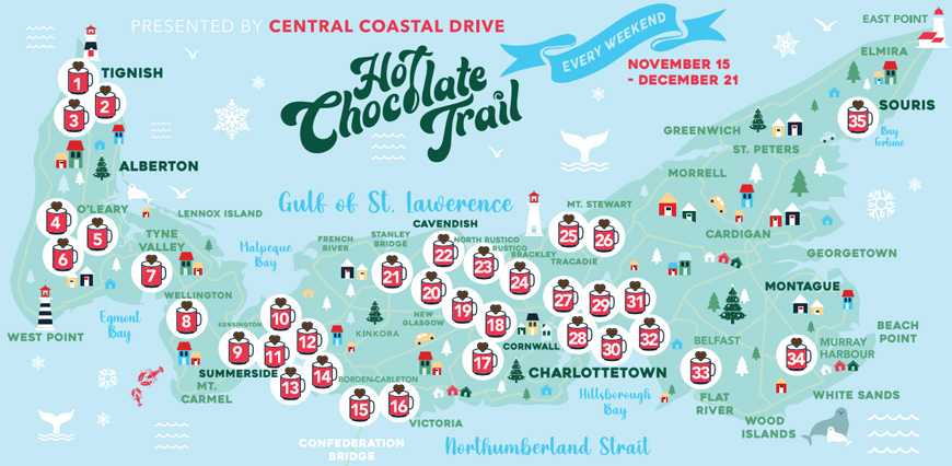 Map of PEI showing 35 locations of shops and restaurants where you can buy hot chocolate