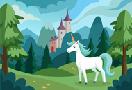 Fairytale forest with a white unicorn, a castle can be seen in the distance