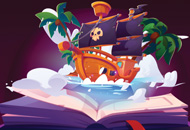 An open storybook with a pirate ship rising out of the pages.