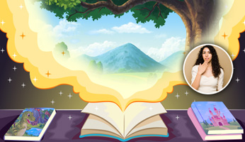 Storybooks on a table, one book is open with magical smoke rising up showing a tree with mountains in the background with a few clouds; there is an ASl interpreter shown in a small circle signing Thank you.