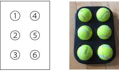 Empty Braille Cell that has 2 columns with 3 dots in each column. In the left column from top to bottom is dots 1, 2, 3. In the right column from top to bottom is dots 4, 5, 6. Beside a half dozen muffin tin positioned vertically with tennis balls in each cup.