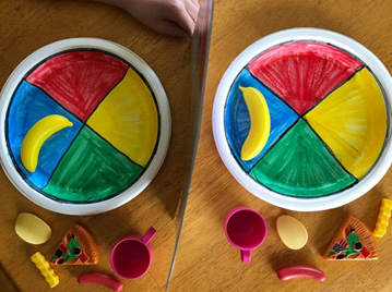 Plates with colored-in sections and a variety of food.