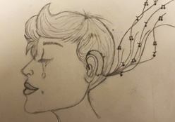 Sketch of a woman with hearing aids, listening to music.