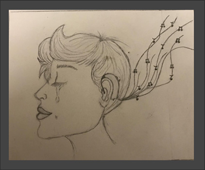 sketch of a woman with hearing aids, listening to music