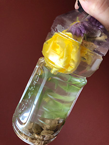 bottle filled with distilled water, flowers, rocks, sticks and leaves