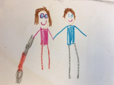 kids drawing of two people one with cane