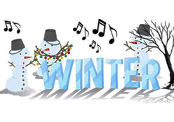 Cartoon drawing of three snow people, with carrot noses, stick arms, and buckets for hats, string festive lights across giant ice letters spelling the word Winter. There are musical notes and a tree all on a white wintry background