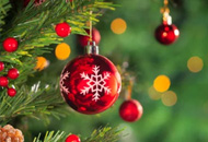 Red Holiday ornament with a white snowflake design hanging on a tree branch, bokeh background