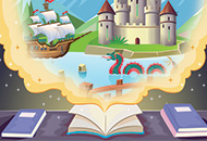 Books on a table, with the book in the middle laying open showing it's pages, there is magical smoke rising from the book showing a storybook scene. In the scene a pirate ship, castle and sea monster can be seen.