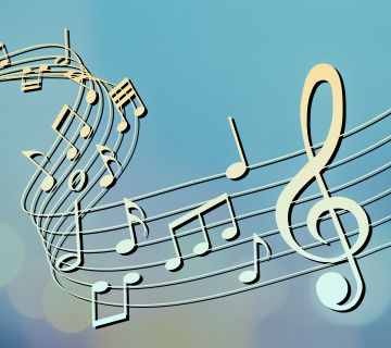 A swirling staff of musical notes and a treble clef on a gradient blue background. The image conveys a lively and harmonious musical theme.