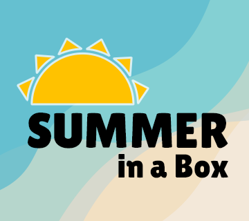 A stylized yellow sun above the words “SUMMER in a Box” on an abstract blue and beige background.